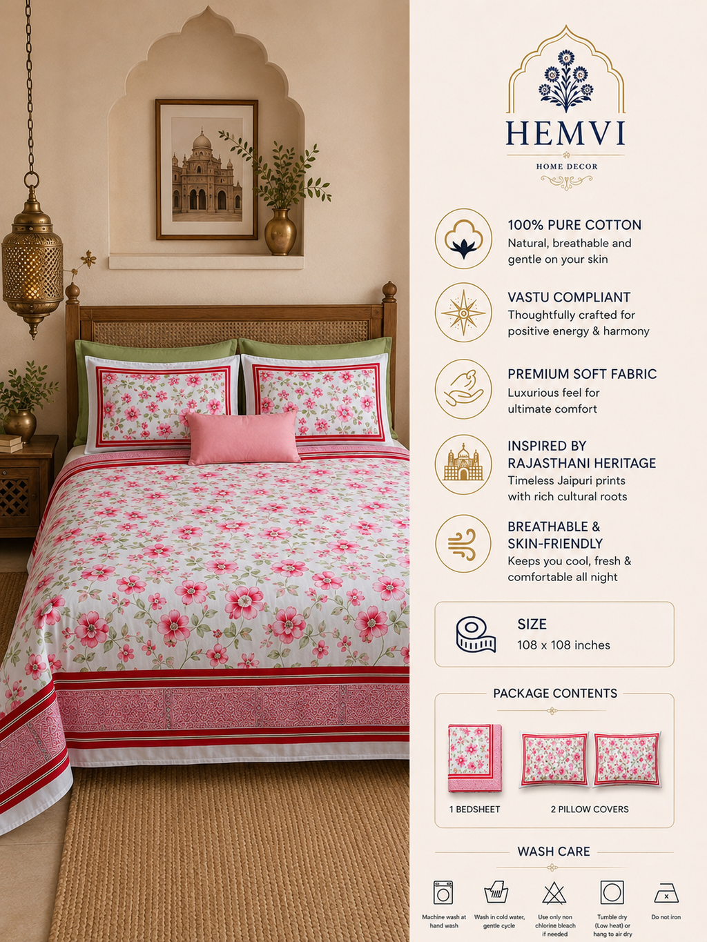 Premium Pure Cotton Floral Bedsheet Set (with 2 Pillow Covers)