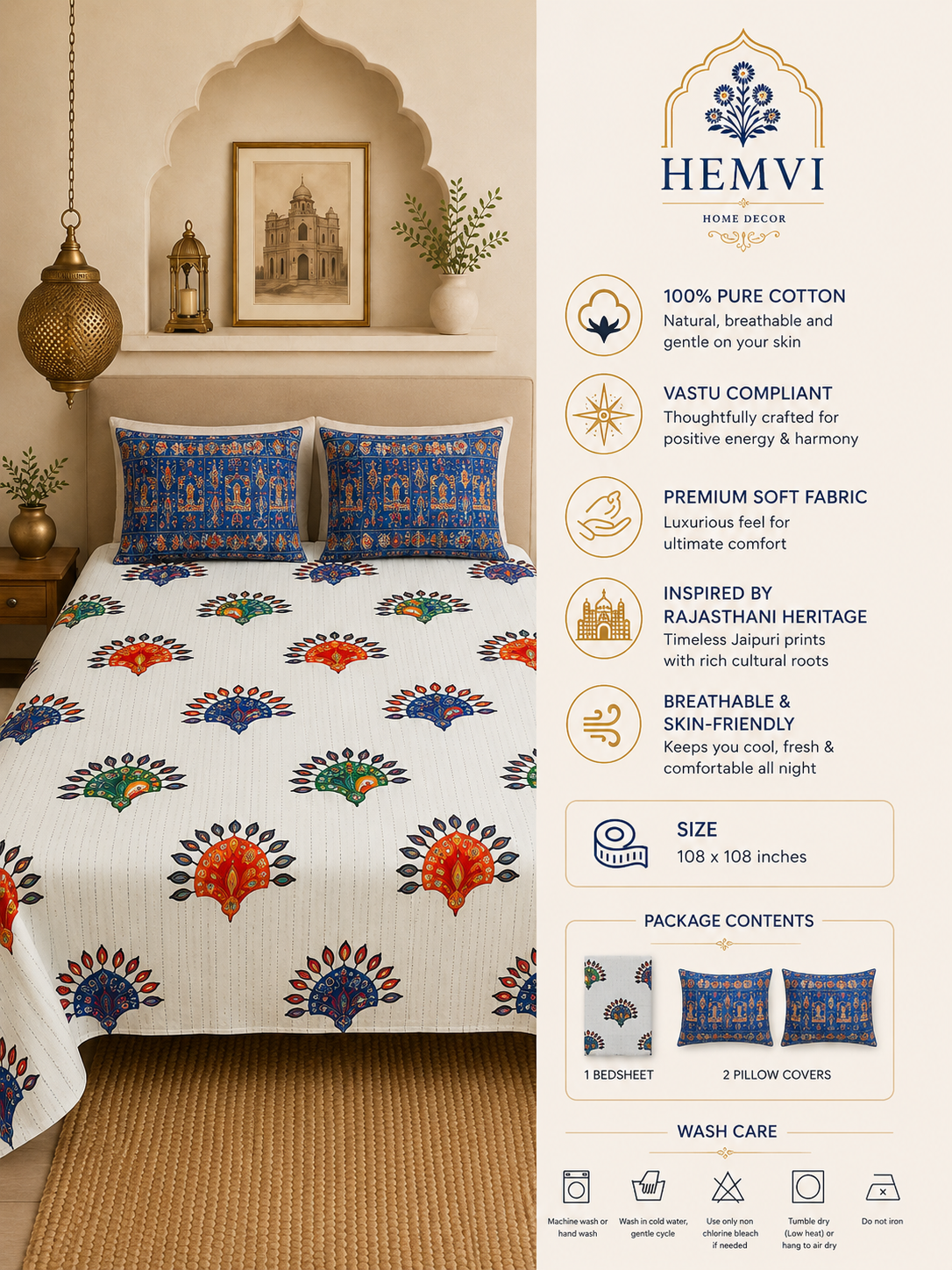 Bandhani Premium pure Cotton  Bedsheet Set (with 2 Pillow Covers)108*108