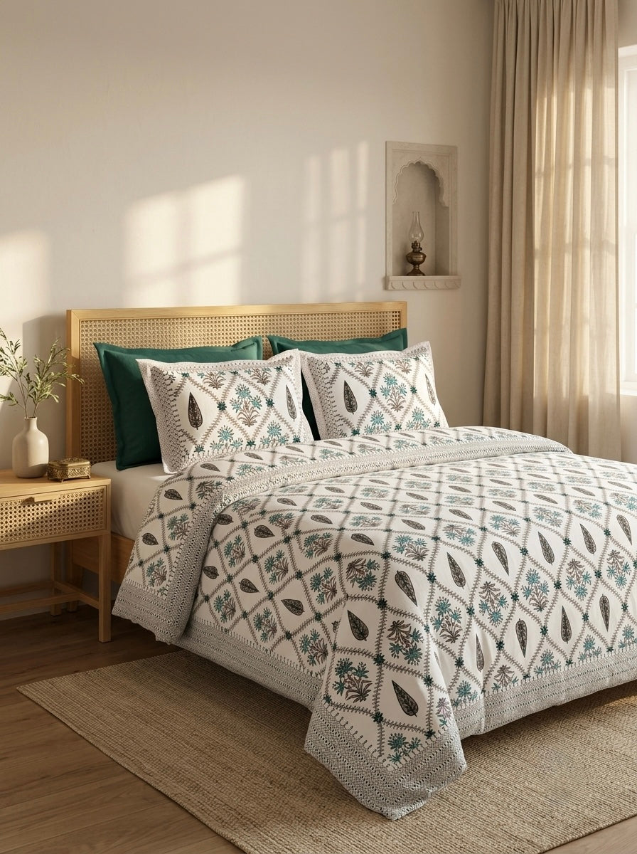 Teal Floral Trellis Cotton Bedsheet with 2 Pillow Covers | Premium Jaipuri Printed Bed Sheet | 100% Pure Cotton | HEMVI