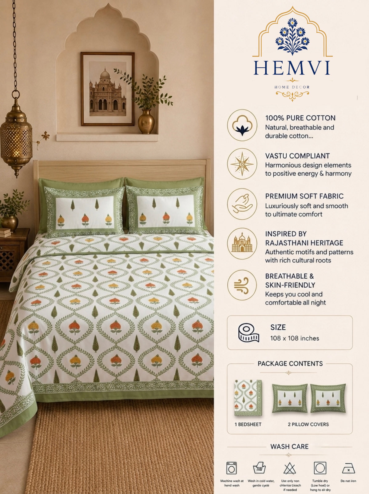 Vrinda Bloom Heritage Cotton Bedsheet | 108×108 Inches | 100% Pure Cotton | Vastu Compliant | King Size | HEMVI