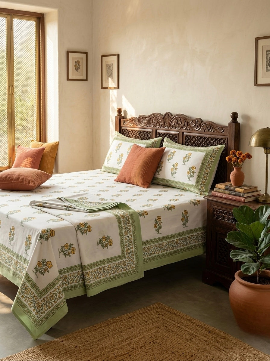 Yellow Floral Cotton Bedsheet with 2 Pillow Covers | Premium Jaipuri Hand Block Inspired Bed Sheet | 100% Pure Cotton | Hemvi