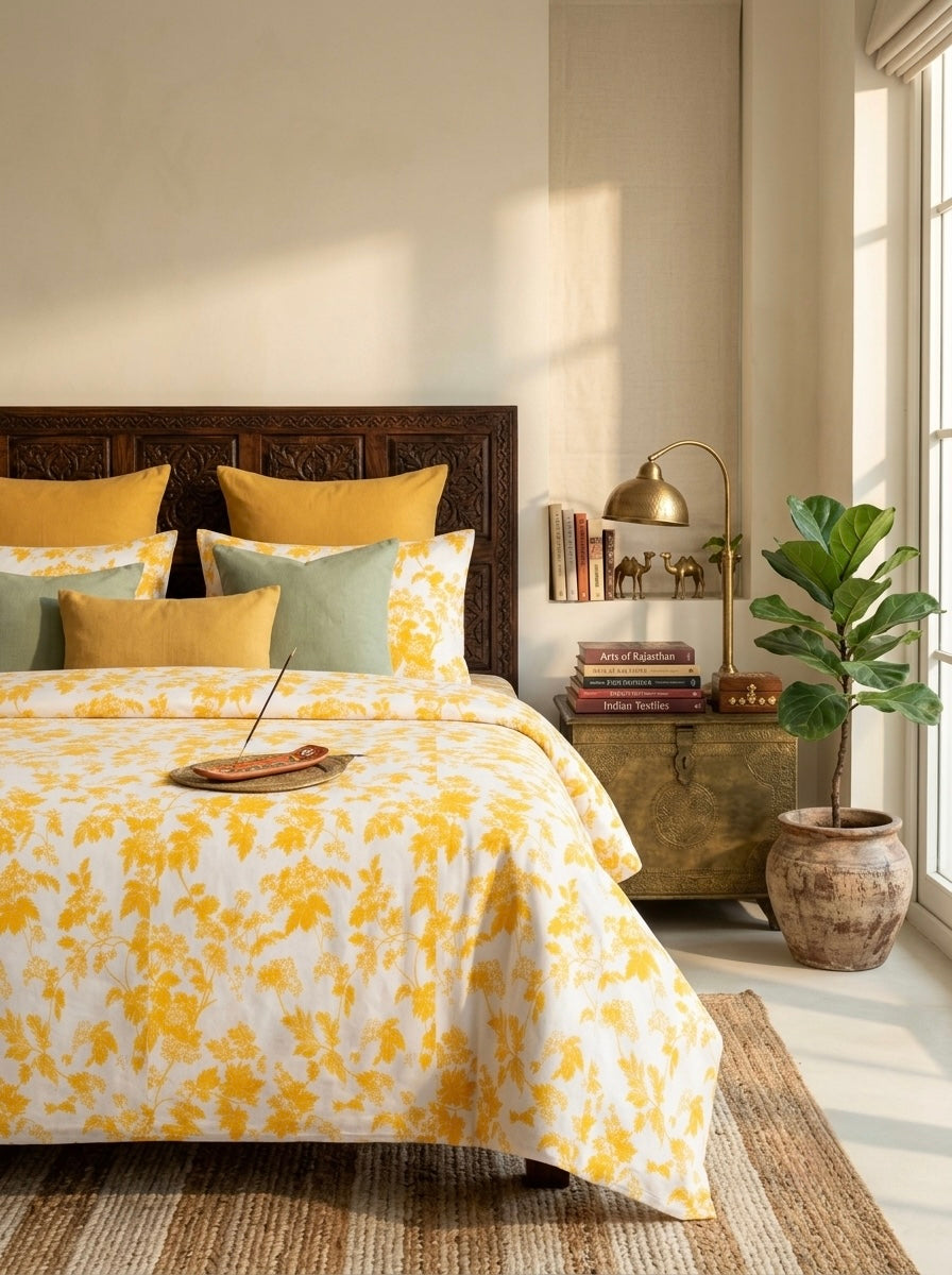 Yellow Floral Cotton Bedsheet with 2 Pillow Covers | Soft & Elegant Bedroom Collection