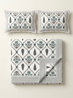 Teal Floral Trellis Cotton Bedsheet with 2 Pillow Covers | Premium Jaipuri Printed Bed Sheet | 100% Pure Cotton | HEMVI