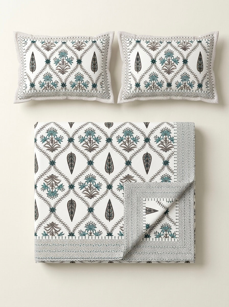 Teal Floral Trellis Cotton Bedsheet with 2 Pillow Covers | Premium Jaipuri Printed Bed Sheet | 100% Pure Cotton | HEMVI