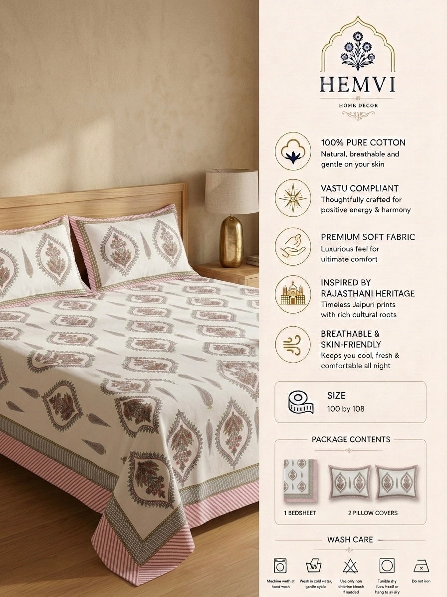 Pink Paisley Floral Cotton Bedsheet with 2 Pillow Covers | Premium Jaipuri Printed Bed Sheet | 100% Pure Cotton | HEMVI