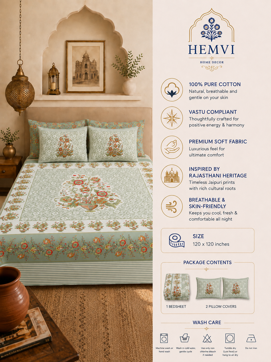 Gulnaar Heritage Floral Bedsheet | 100% Pure Cotton | Vastu Compliant | 120×120 Inches | HEMVI