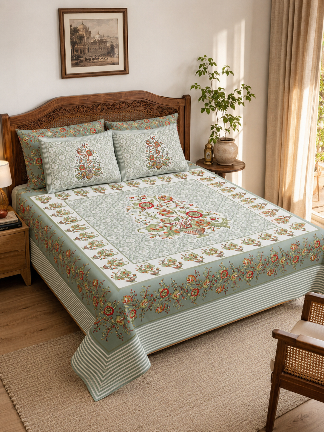 Gulnaar Heritage Floral Bedsheet | 100% Pure Cotton | Vastu Compliant | 120×120 Inches | HEMVI