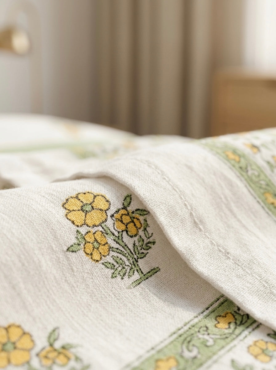Yellow Floral Cotton Bedsheet with 2 Pillow Covers | Premium Jaipuri Hand Block Inspired Bed Sheet | 100% Pure Cotton | Hemvi