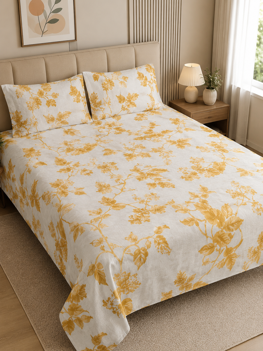 Yellow Floral Cotton Bedsheet with 2 Pillow Covers | Soft & Elegant Bedroom Collection