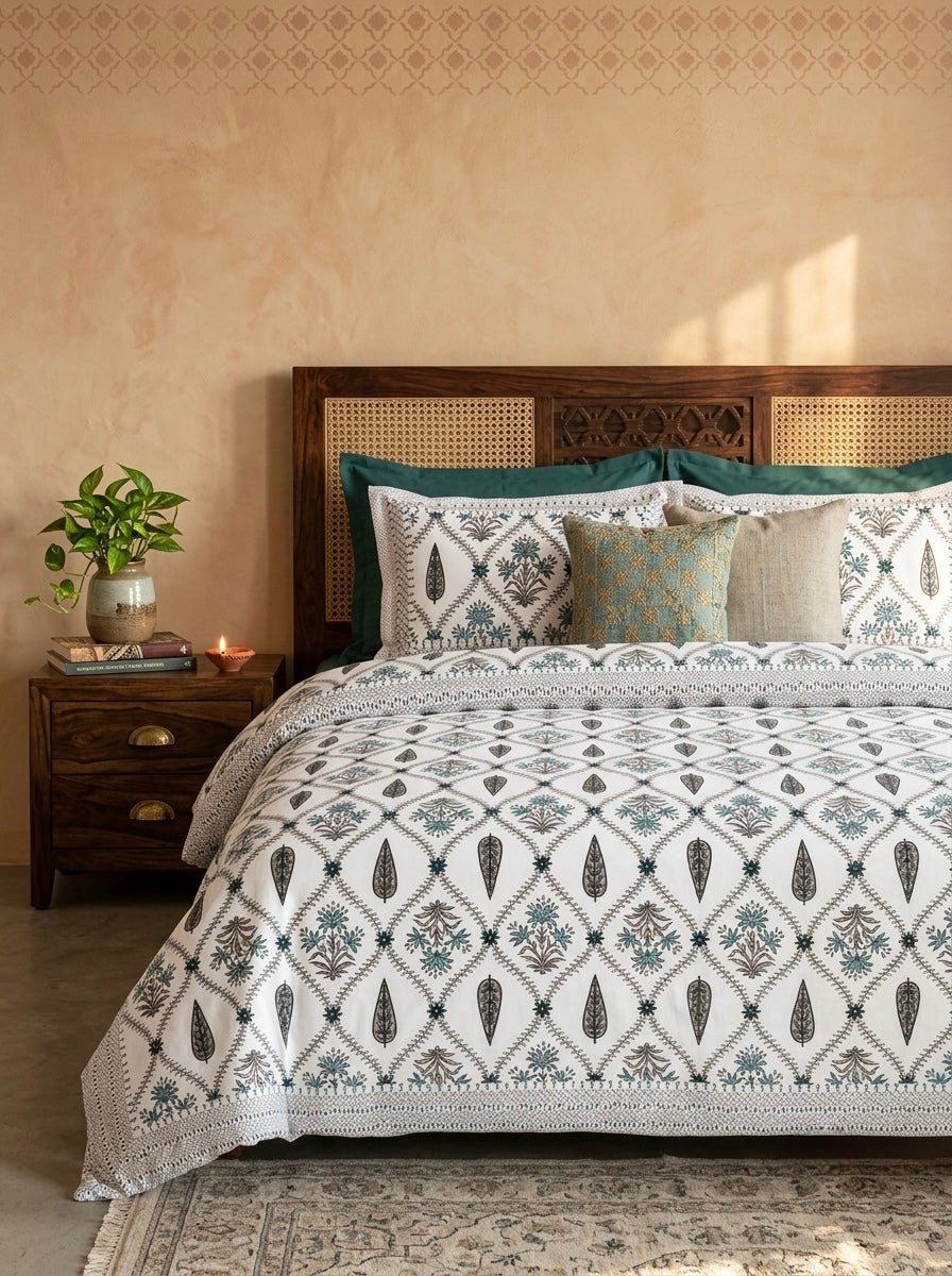 Teal Floral Trellis Cotton Bedsheet with 2 Pillow Covers | Premium Jaipuri Printed Bed Sheet | 100% Pure Cotton | HEMVI