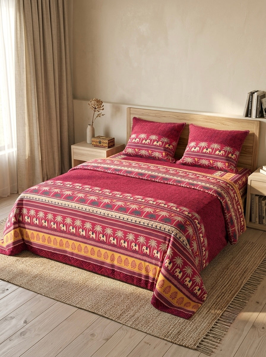 Maharani Blossom Traditional Elephant Print Bedsheet(108 x 108 inches) - Vastu Compliant with 2 Pillow Covers HEMVI Premium 100% Cotton