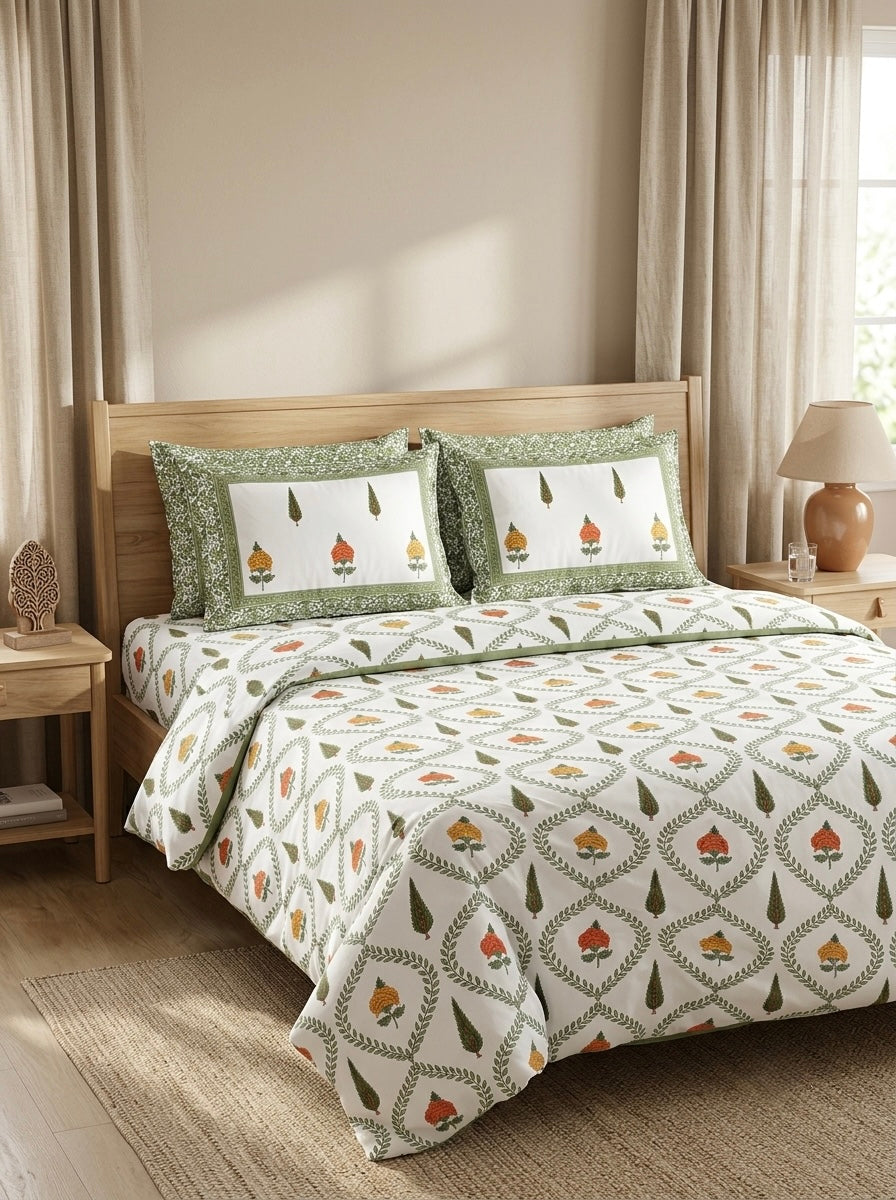 Vrinda Bloom Heritage Cotton Bedsheet | 108×108 Inches | 100% Pure Cotton | Vastu Compliant | King Size | HEMVI