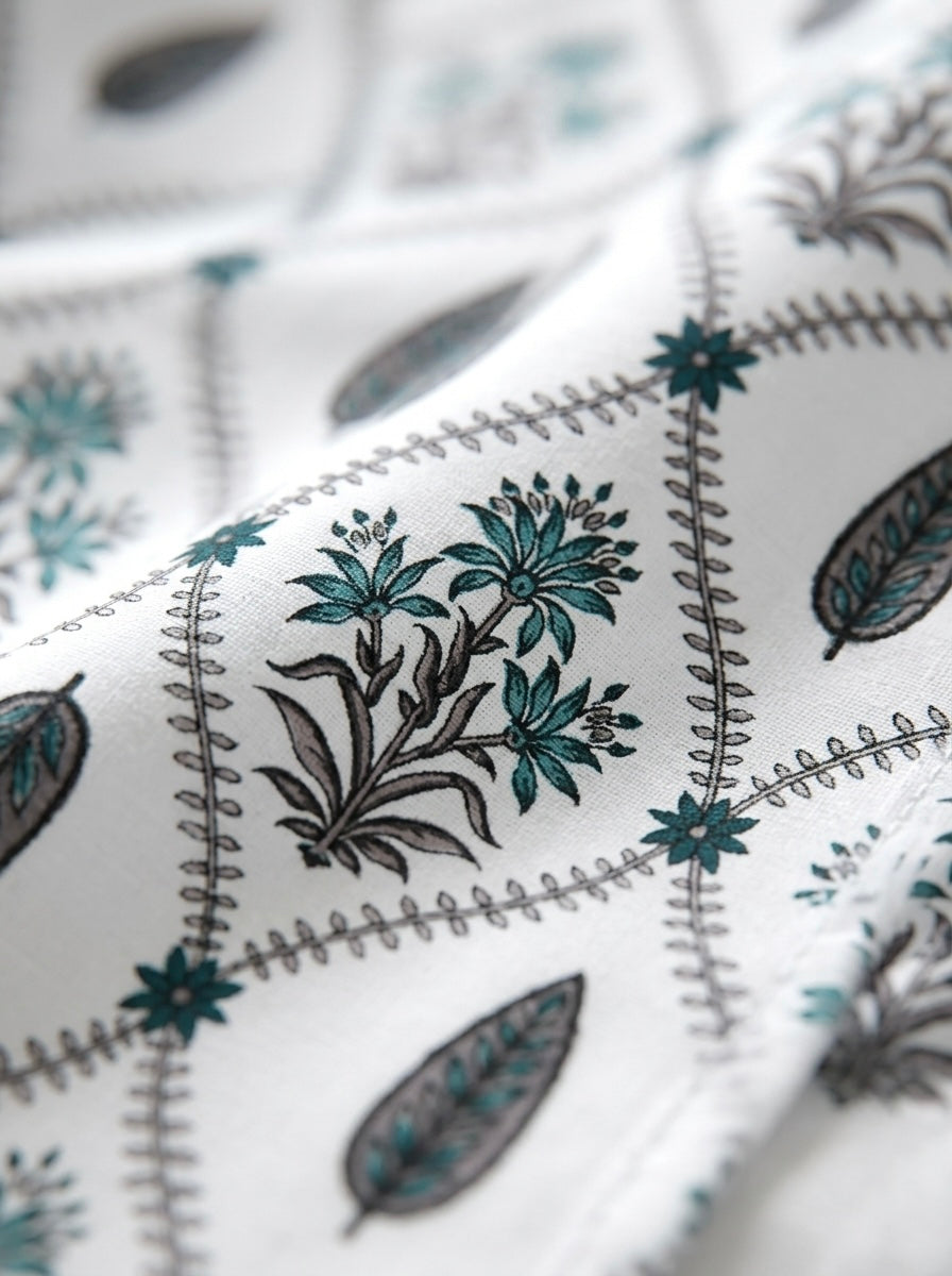Teal Floral Trellis Cotton Bedsheet with 2 Pillow Covers | Premium Jaipuri Printed Bed Sheet | 100% Pure Cotton | HEMVI