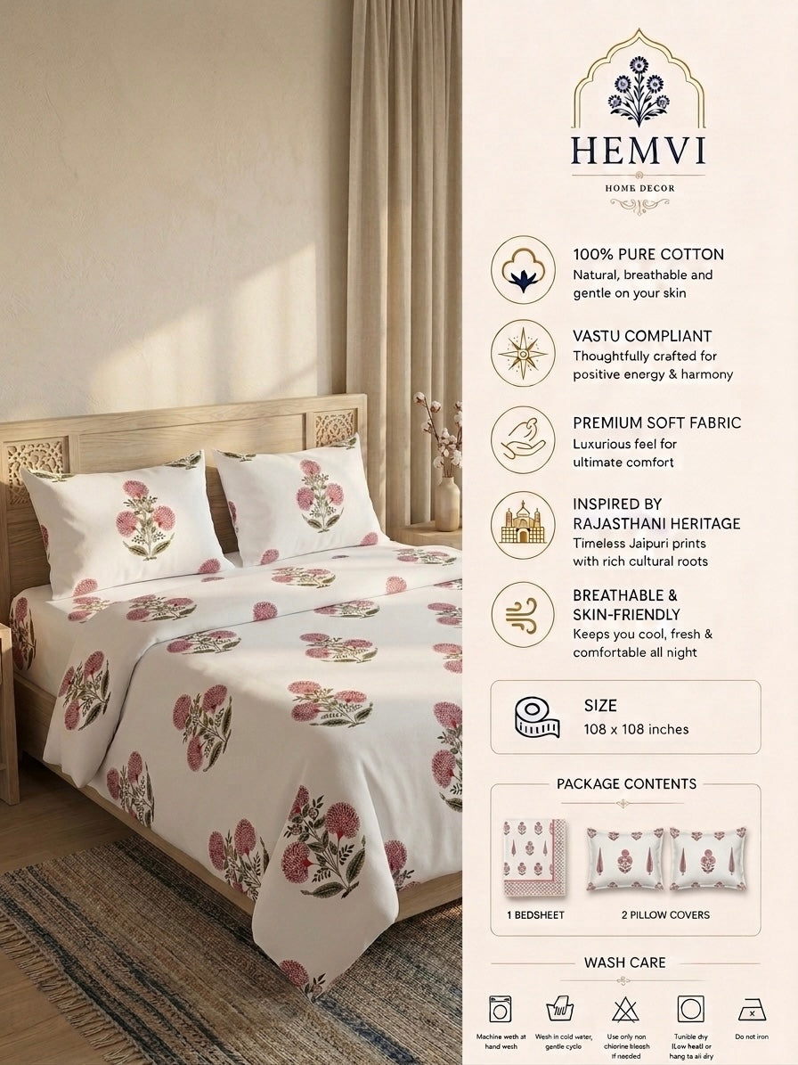 Gulnaar Blossom Cotton Bedsheet | 108×108 Inches | 100% Pure Cotton | Vastu Compliant | King Size