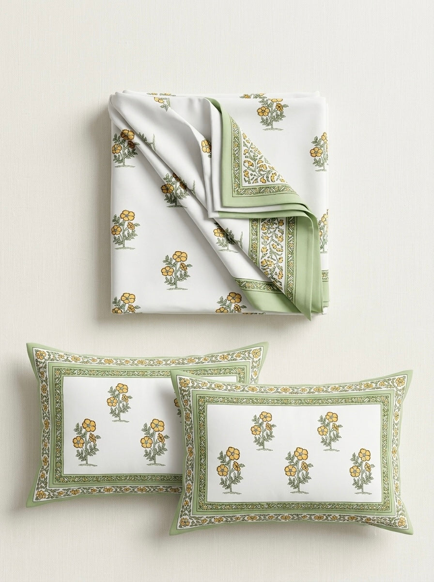 Yellow Floral Cotton Bedsheet with 2 Pillow Covers | Premium Jaipuri Hand Block Inspired Bed Sheet | 100% Pure Cotton | Hemvi