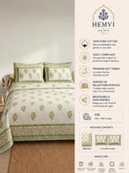 Yellow Floral Cotton Bedsheet with 2 Pillow Covers | Premium Jaipuri Hand Block Inspired Bed Sheet | 100% Pure Cotton | Hemvi