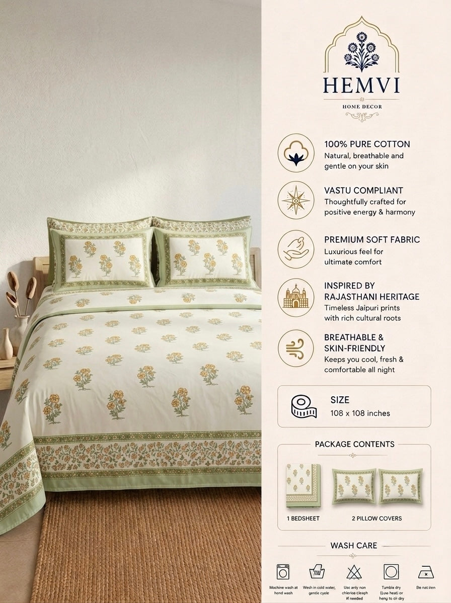 Yellow Floral Cotton Bedsheet with 2 Pillow Covers | Premium Jaipuri Hand Block Inspired Bed Sheet | 100% Pure Cotton | Hemvi