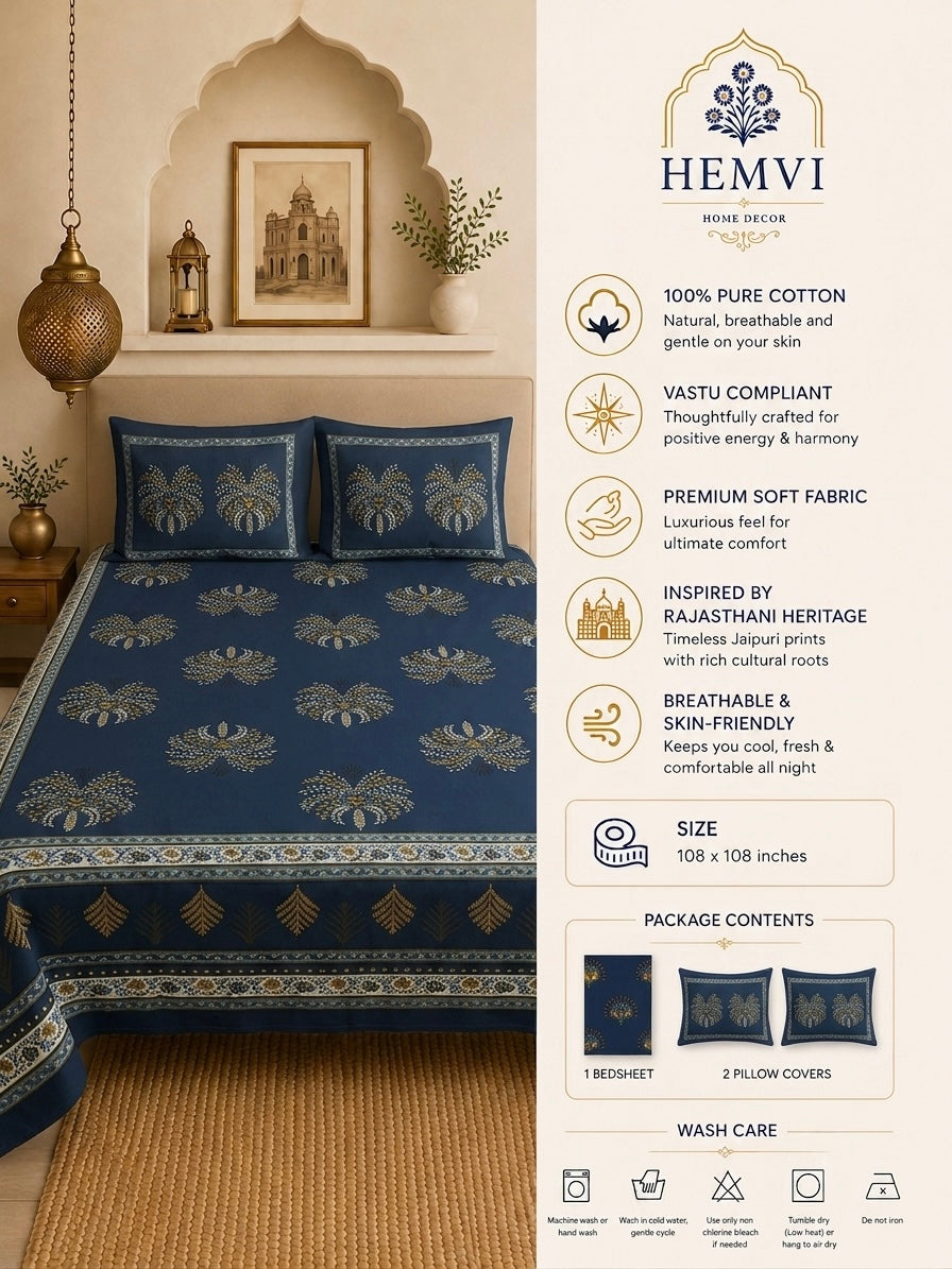 Neel Pushp Heritage Cotton Bedsheet | 108×108 Inches | 100% Pure Cotton | Vastu Compliant | King Size | HEMVI