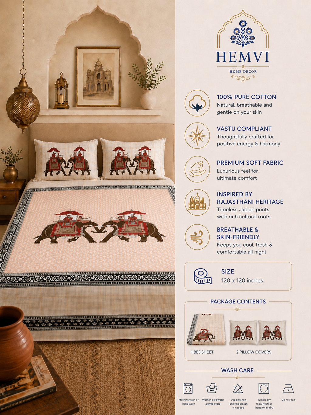 Shahi Gajraj Cotton Bedsheet | 120×120 Inches | 100% Pure Cotton | Vastu Compliant | HEMVI