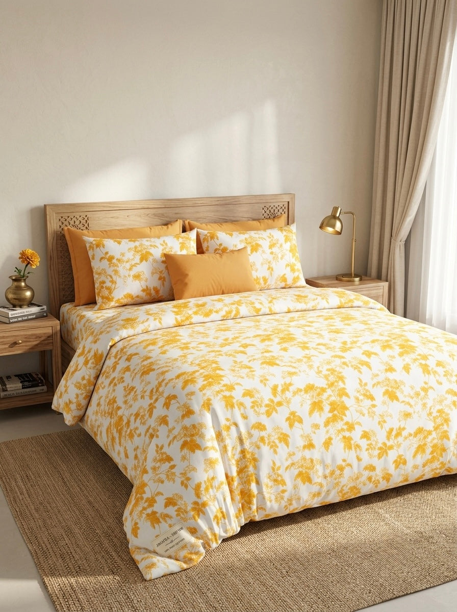 Yellow Floral Cotton Bedsheet with 2 Pillow Covers | Soft & Elegant Bedroom Collection