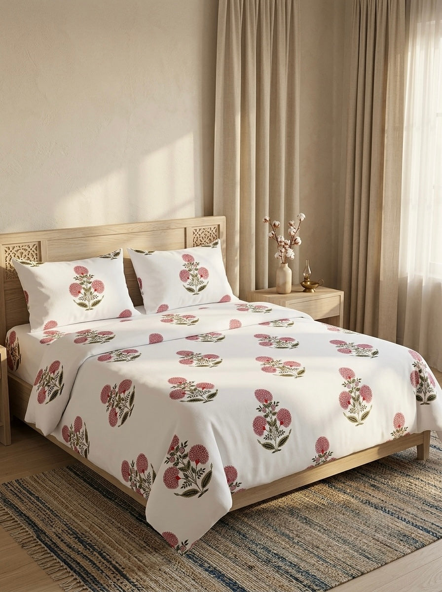 Gulnaar Blossom Cotton Bedsheet | 108×108 Inches | 100% Pure Cotton | Vastu Compliant | King Size