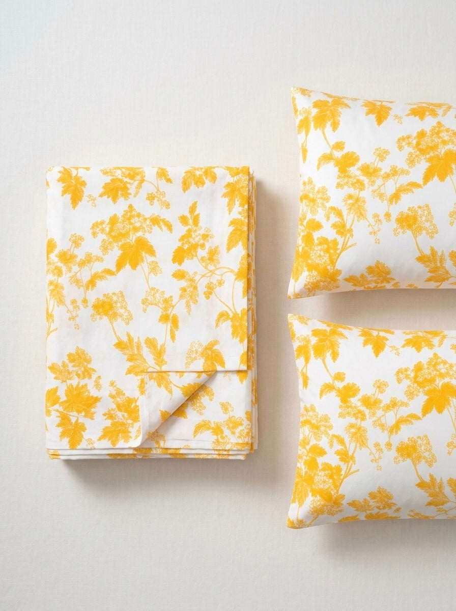 Yellow Floral Cotton Bedsheet with 2 Pillow Covers | Soft & Elegant Bedroom Collection