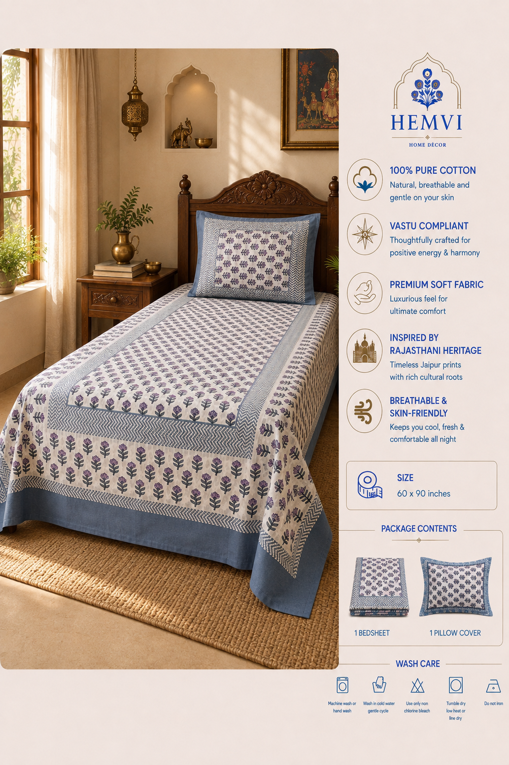 Marudhara Floral Bedsheet | 100% Pure Cotton | Vastu Compliant | HEMVI