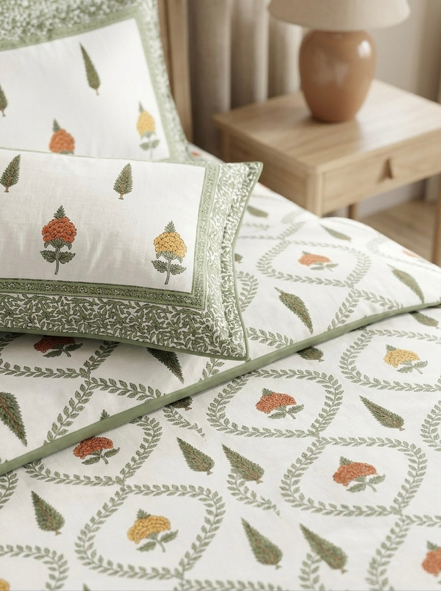 Vrinda Bloom Heritage Cotton Bedsheet | 108×108 Inches | 100% Pure Cotton | Vastu Compliant | King Size | HEMVI