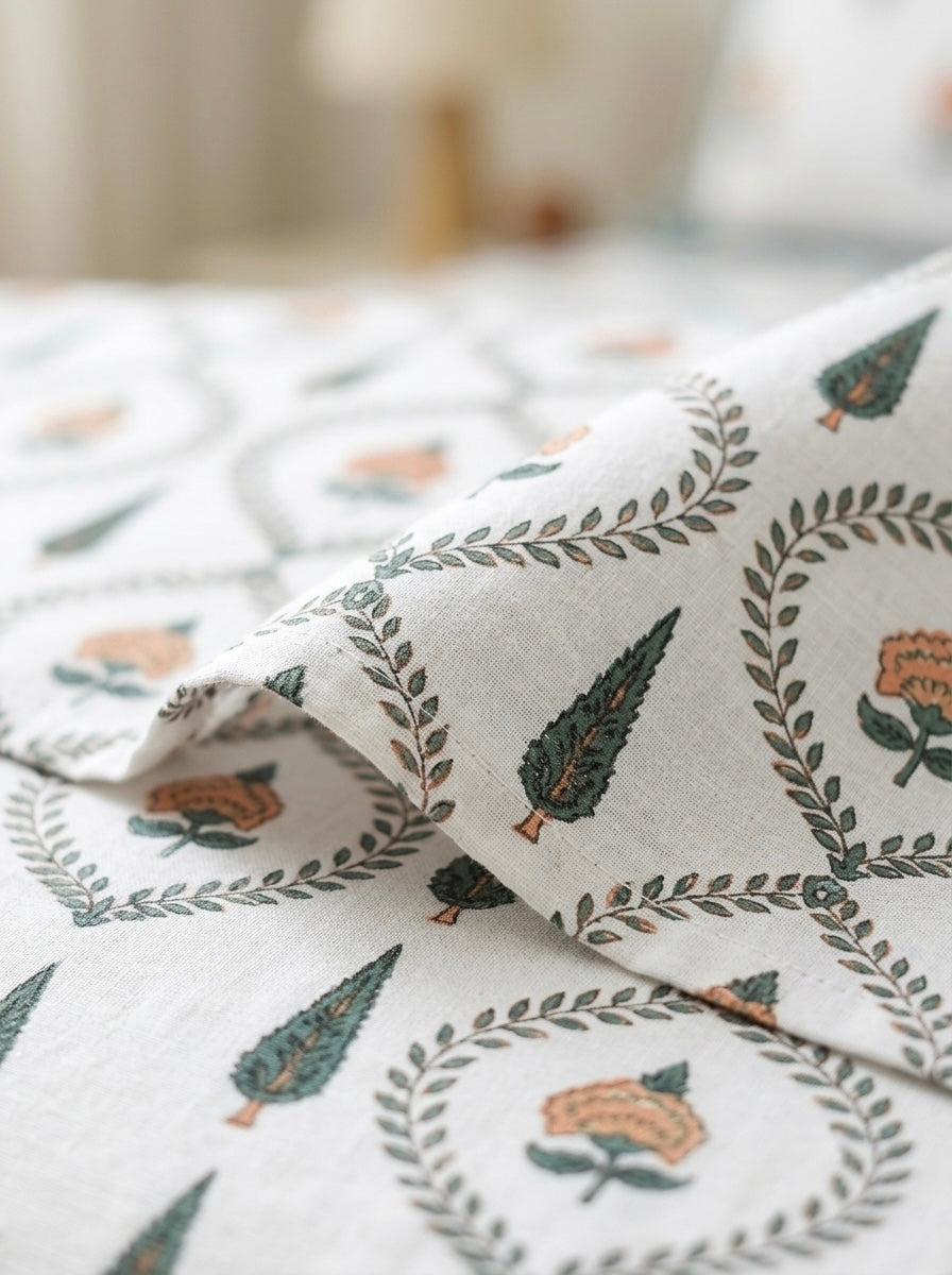 Heritage Floral Cotton Bedsheet with 2 Pillow Covers | Premium Jaipuri Hand Block Inspired Bed Sheet | 100% Pure Cotton | Hemvi