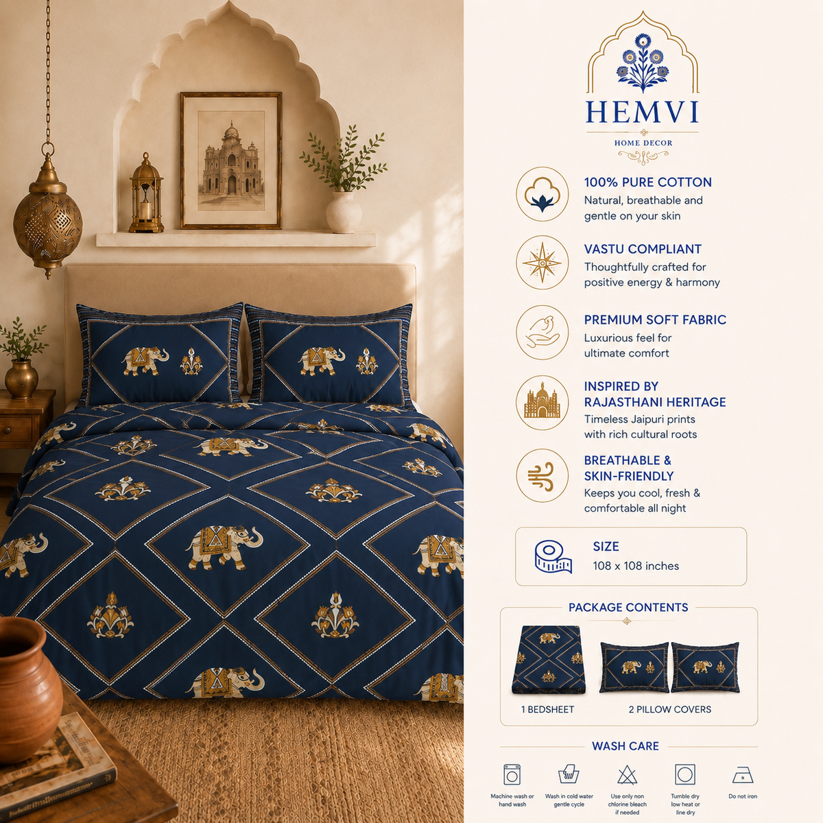 Rang Mahal Elephant Bedsheet | 100% Pure Cotton | 300+ TC | HEMVI