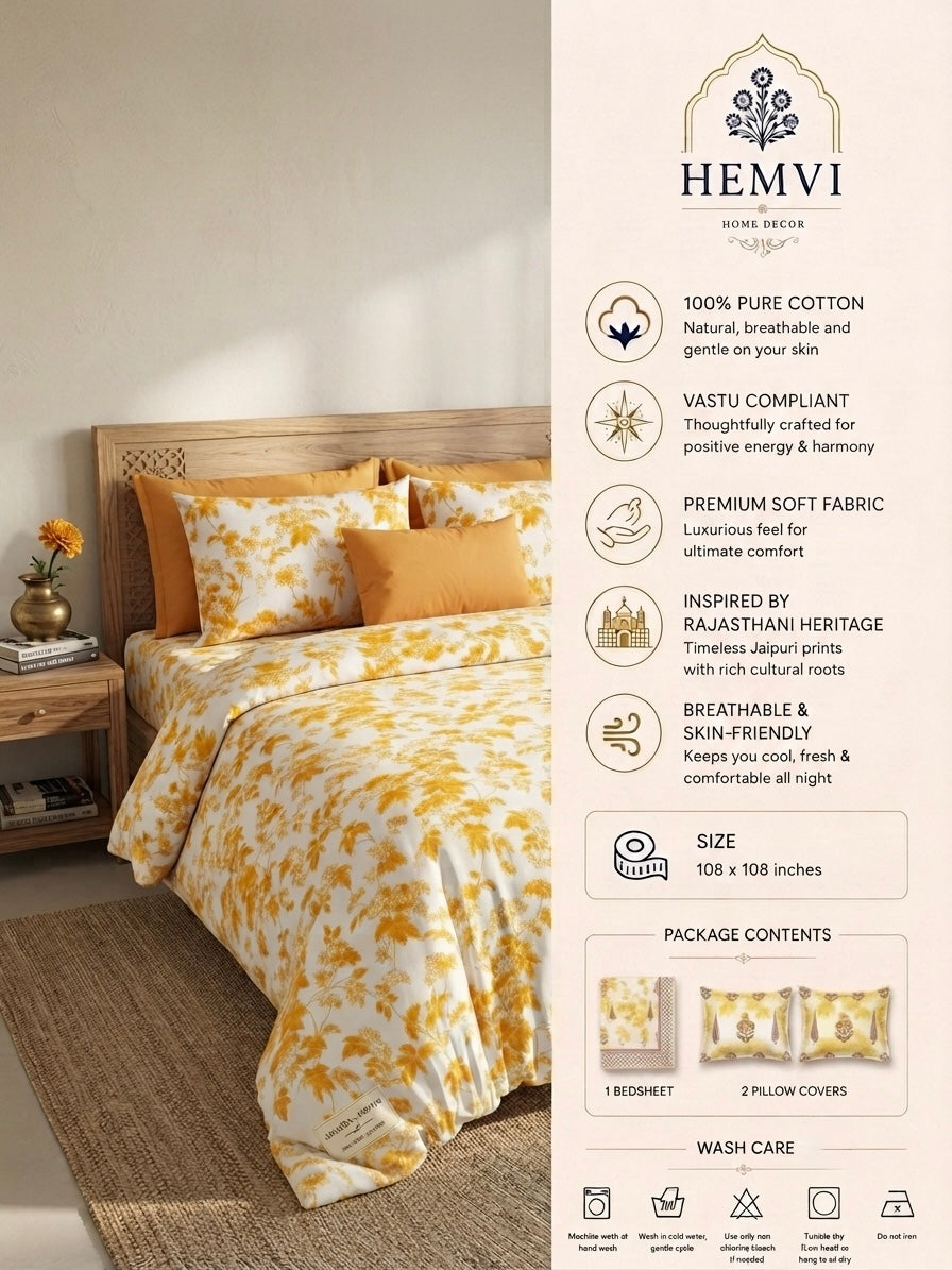 Yellow Floral Cotton Bedsheet with 2 Pillow Covers | Soft & Elegant Bedroom Collection