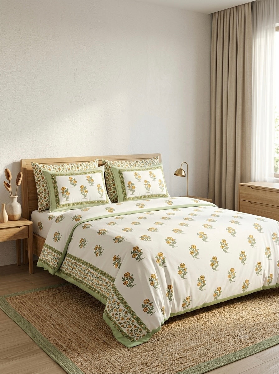Yellow Floral Cotton Bedsheet with 2 Pillow Covers | Premium Jaipuri Hand Block Inspired Bed Sheet | 100% Pure Cotton | Hemvi