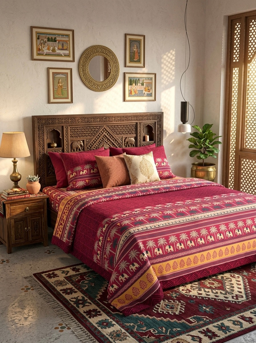 Maharani Blossom Traditional Elephant Print Bedsheet(108 x 108 inches) - Vastu Compliant with 2 Pillow Covers HEMVI Premium 100% Cotton
