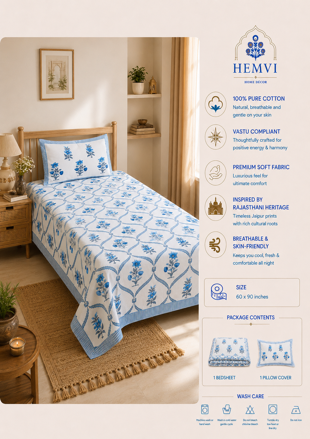 Neelambari Floral Bedsheet | 100% Pure Cotton | Vastu Compliant | HEMVI