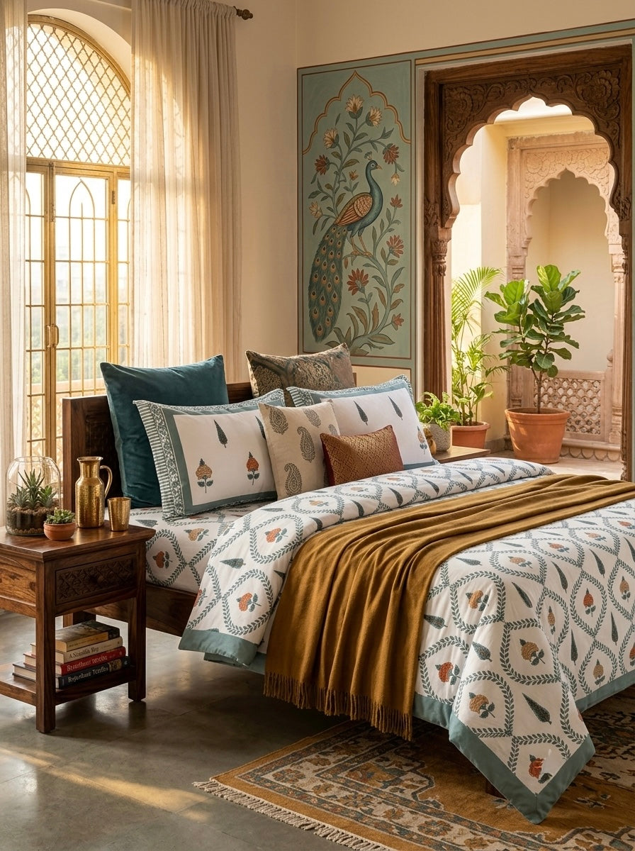 Heritage Floral Cotton Bedsheet with 2 Pillow Covers | Premium Jaipuri Hand Block Inspired Bed Sheet | 100% Pure Cotton | Hemvi