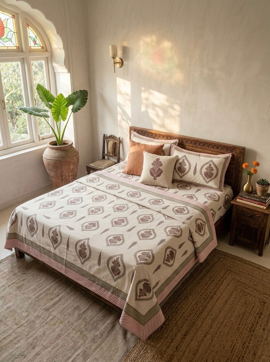 Pink Paisley Floral Cotton Bedsheet with 2 Pillow Covers | Premium Jaipuri Printed Bed Sheet | 100% Pure Cotton | HEMVI
