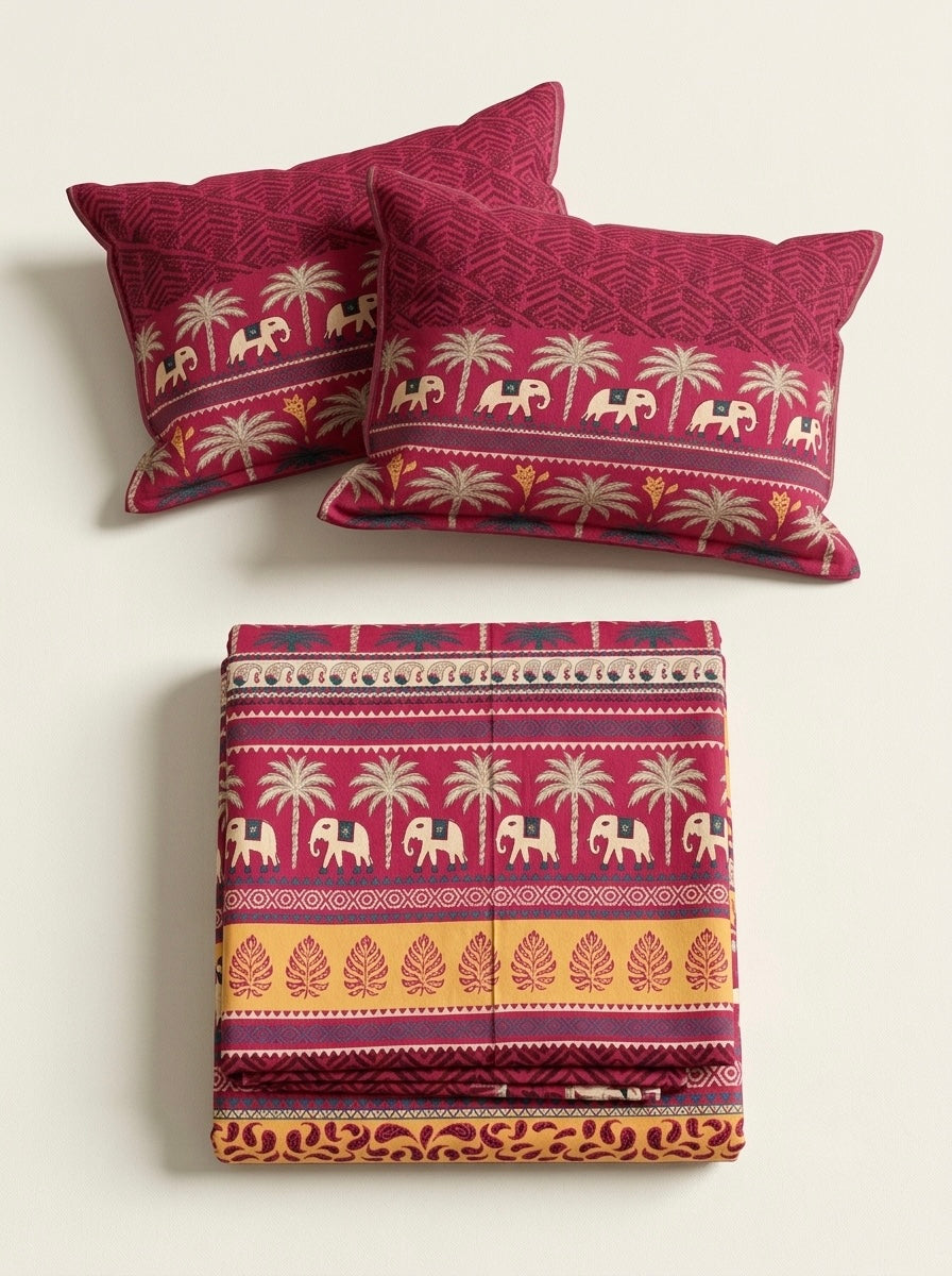 Maharani Blossom Traditional Elephant Print Bedsheet(108 x 108 inches) - Vastu Compliant with 2 Pillow Covers HEMVI Premium 100% Cotton