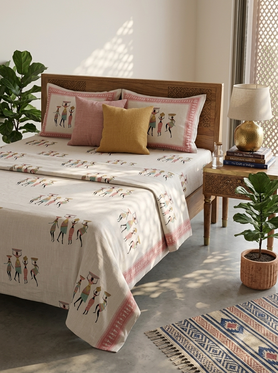 Panihaari Rajasthani Figure Print King Size Bedsheet Set (108 x 108 inches) - Vastu Compliant with 2 Pillow Covers HEMVI Premium 100% Cotton