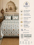 Heritage Floral Cotton Bedsheet with 2 Pillow Covers | Premium Jaipuri Hand Block Inspired Bed Sheet | 100% Pure Cotton | Hemvi