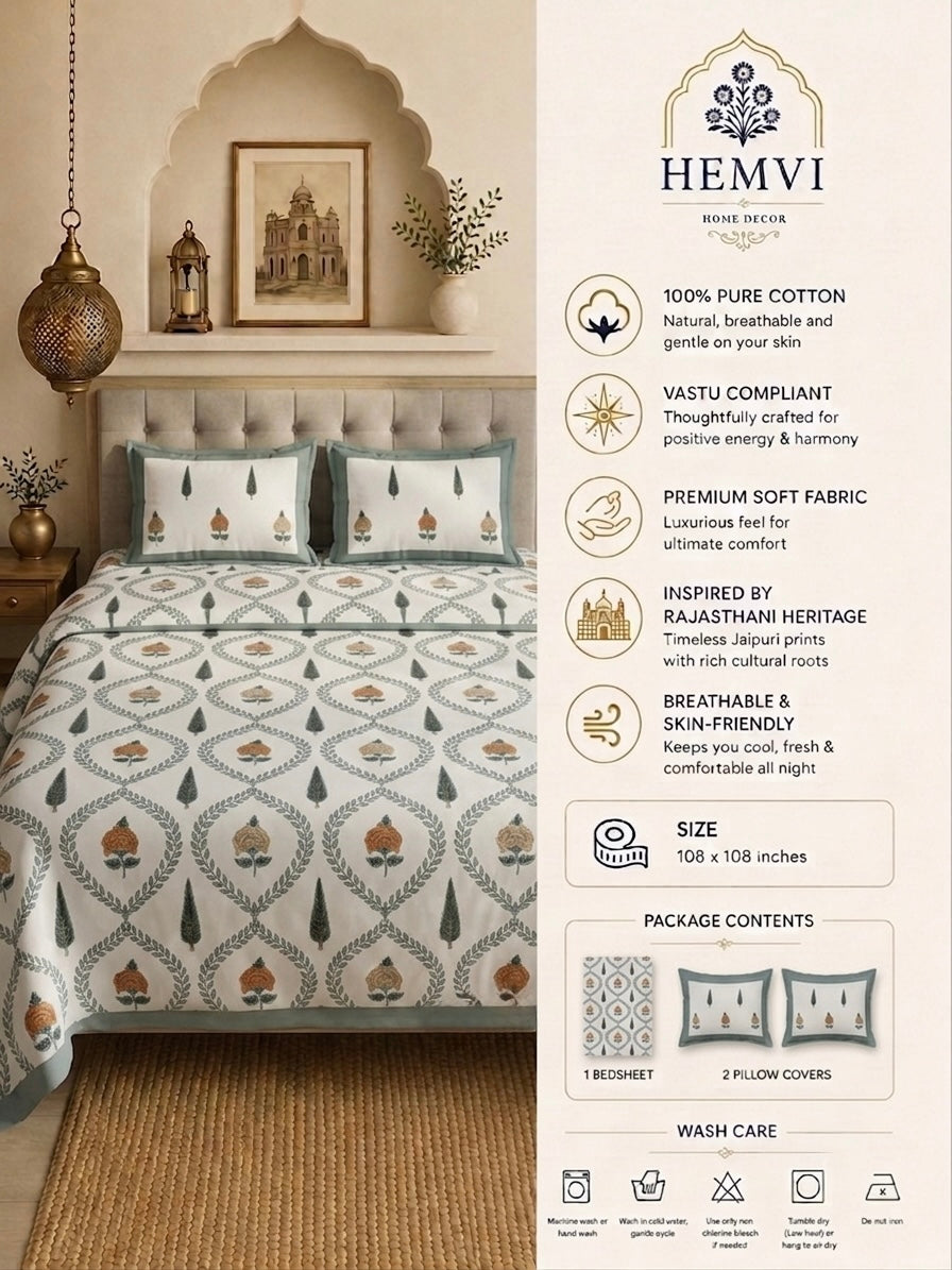 Heritage Floral Cotton Bedsheet with 2 Pillow Covers | Premium Jaipuri Hand Block Inspired Bed Sheet | 100% Pure Cotton | Hemvi