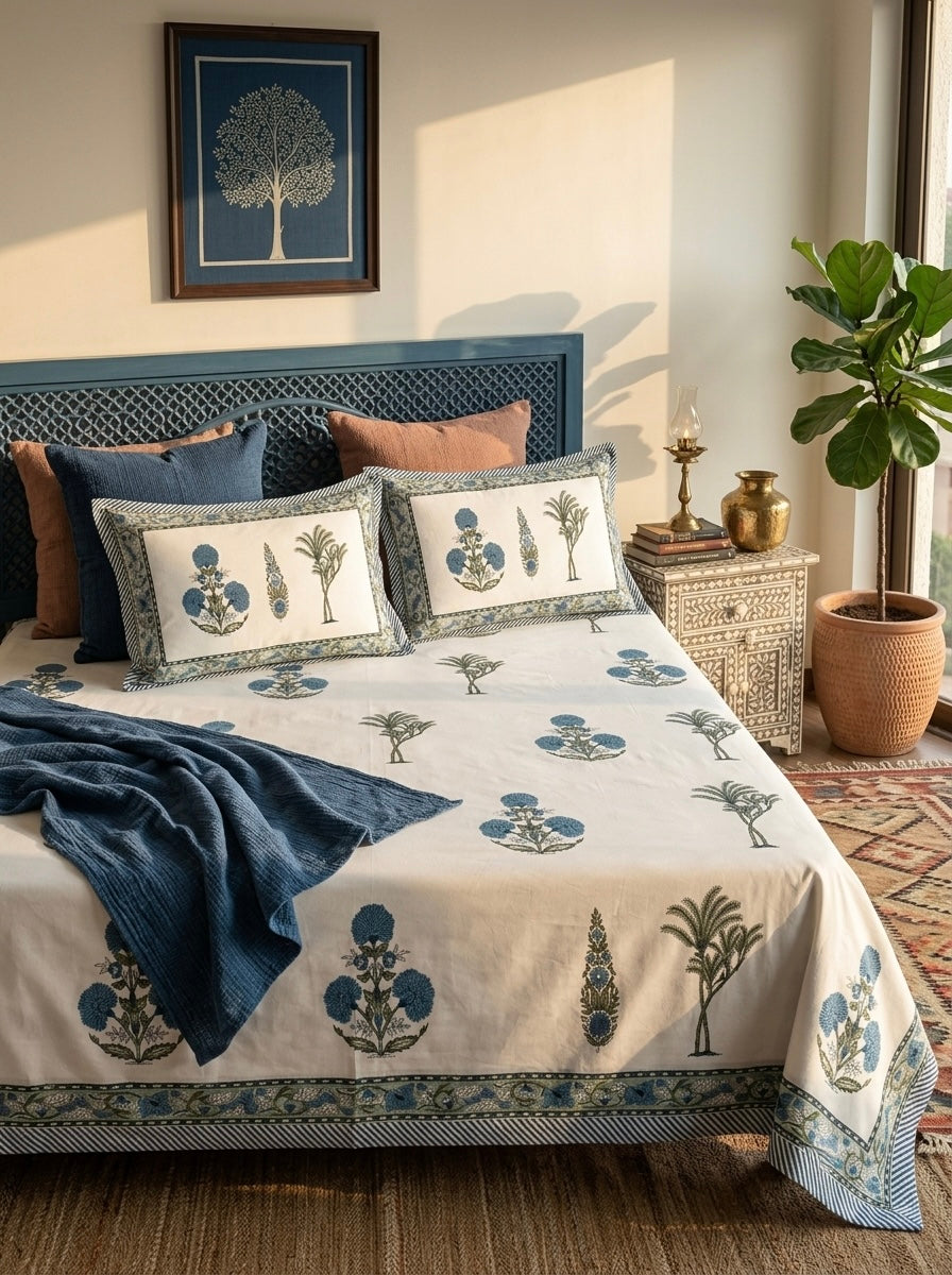 Neel Vanya Heritage Cotton Bedsheet | 108×108 Inches | 100% Pure Cotton | Vastu Compliant | King Size | HEMVI