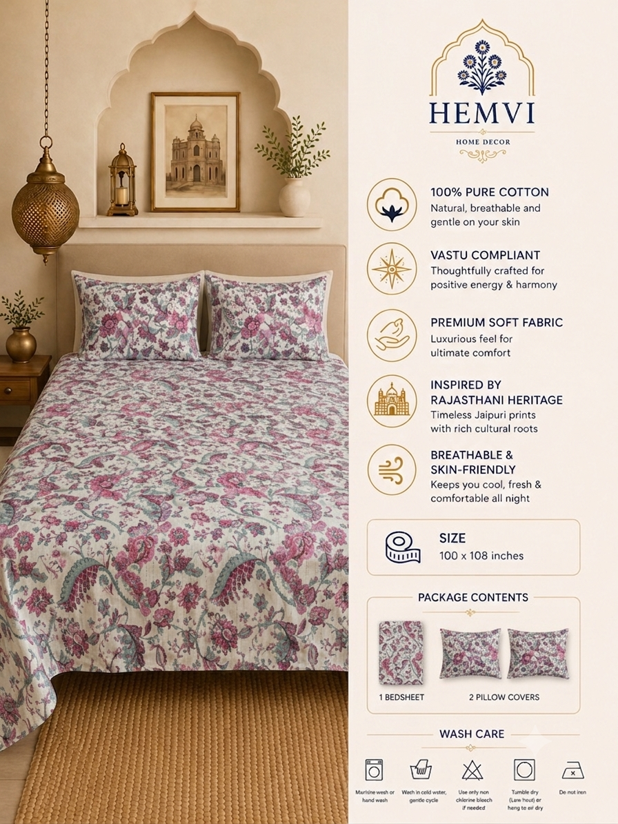 Gulnaar Floral Bedsheet | 100% Pure Cotton | 300+ TC | HEMVI