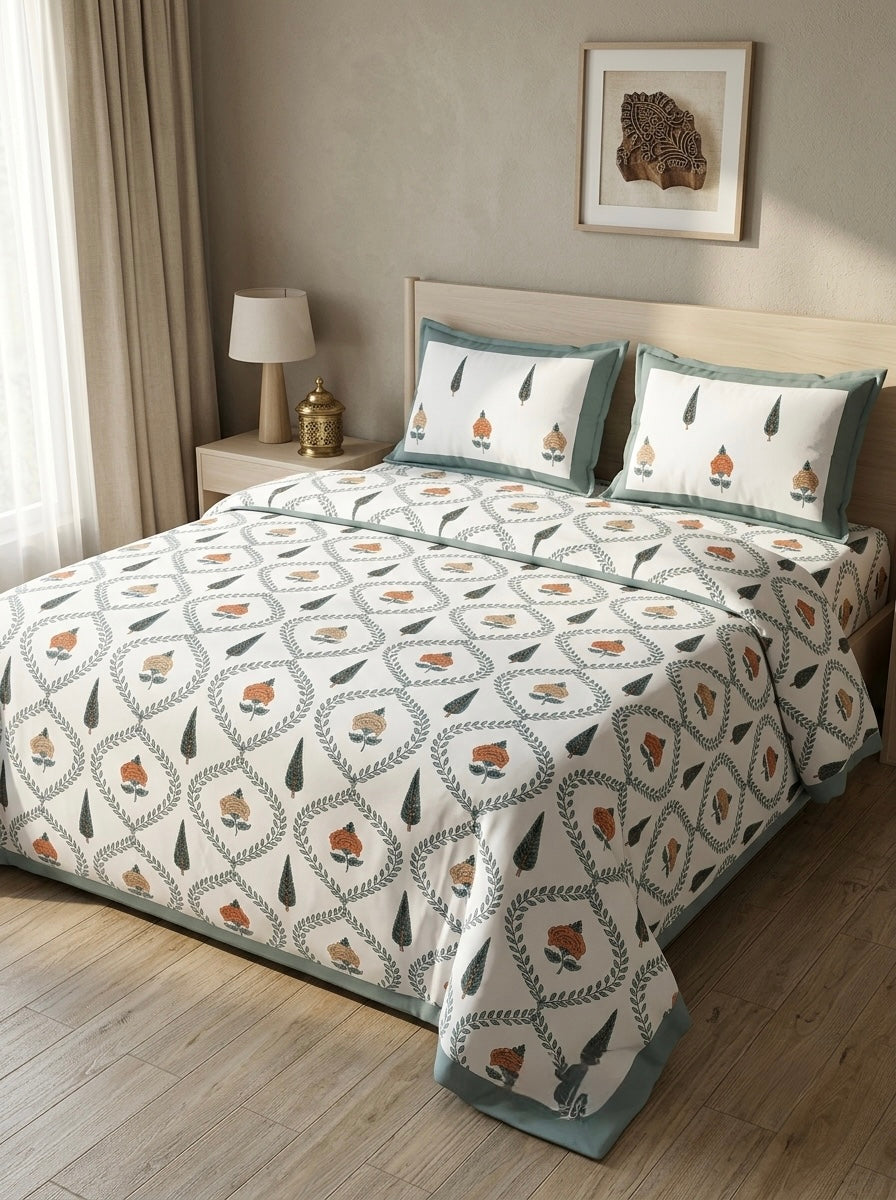Heritage Floral Cotton Bedsheet with 2 Pillow Covers | Premium Jaipuri Hand Block Inspired Bed Sheet | 100% Pure Cotton | Hemvi